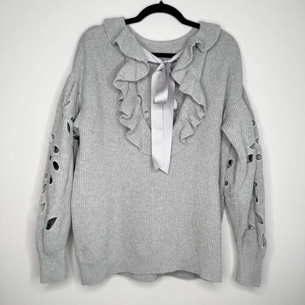 Ulla Johnson Francia Cutout Ribbed Sweater Gray Open Back Bow XS P